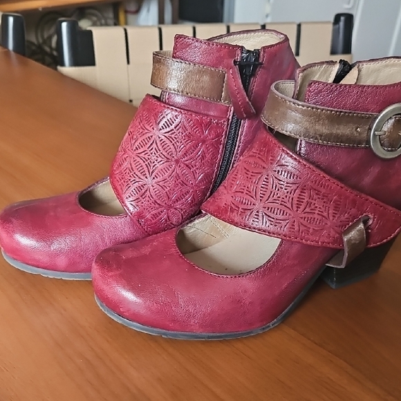 Miz Mooz Burgundy Cutwork Leather Ankle-Strap Heels - Picture 3 of 10